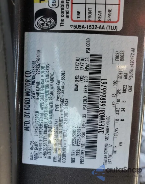 2006 Mercury Milan Premier из США, поврежденный, VIN 3MEHM08166R666761